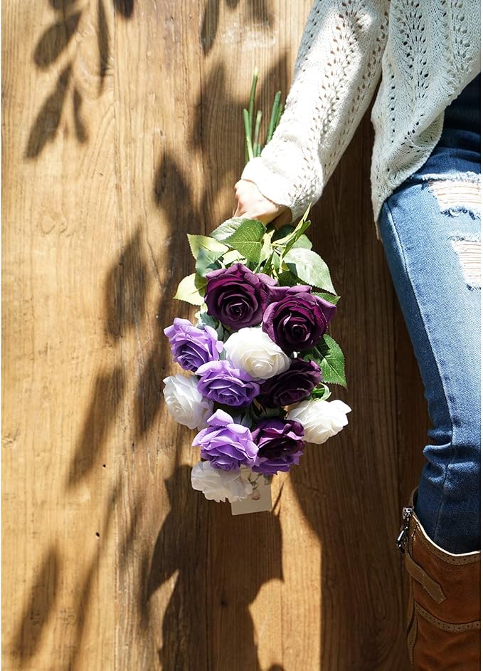 FiveSeasonStuff 12 Stems Artificial Flowers Real Touch Silk Roses for Wedding Decoration Bridal Bouquets Table Centerpieces Party Shower, Packed in Box (Luxe Purple & White)