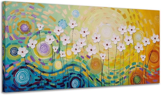 Yihui Arts Hand Painted Textured Floral Oil Painting on Canvas, Vibrant Abstract White Flower Wall Art with Colorful Swirls, Modern Home Decor for Living Room Bedroom