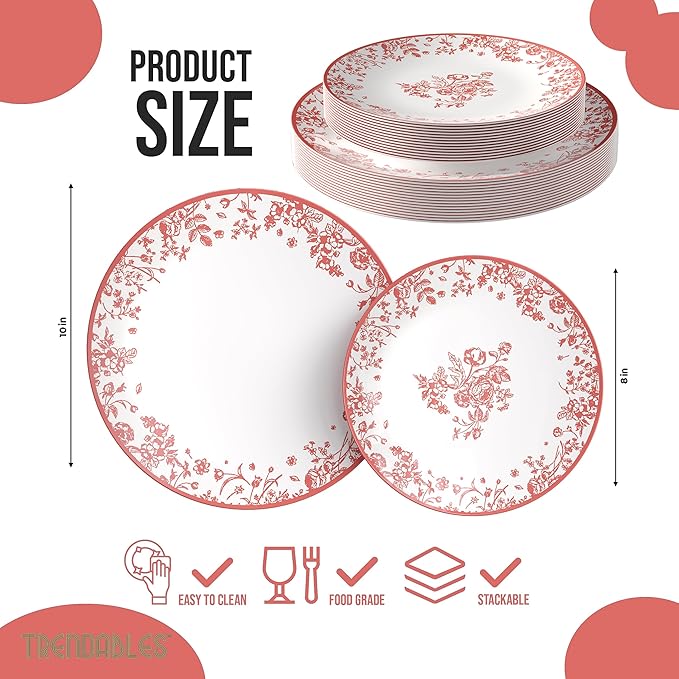 Trendables Plastic Plates For Party Supplies, Floral Disposable Plates For Party & Weddings 80 Pcs - 40 x 8 Dessert Plates & 40 x 10 Plastic Dinner Plates, Plate Set Disposable Dinnerware Sets