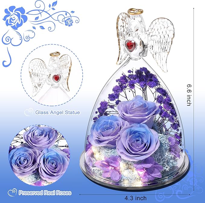 Mothers Day Rose Gifts for Women, Large Angel Figurines with Real Roses, Preserved Real Flower Rose for Her - Purple Blue