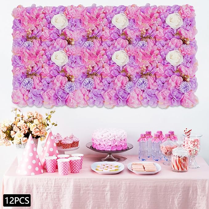 12Pcs Artificial Flower Wall Panel 3D Floral Backdrop Wall 15" X 15" Flower Panel Decor Flower Backdrop Faux Rose Panels for Party Home Background Decor, Pink