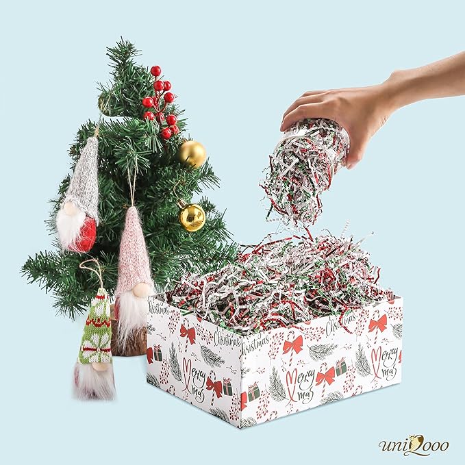 UNIQOOO 1/2 LB Metallic Red Green White Crinkle Cut Paper Shredded Filler, Christmas Peppermint Candy Cane Raffia Tissue Zig, Strands Shred Craft Bedding Cushion,Wedding Birthday Gift Boxes Bag Retail