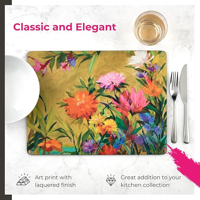 Pimpernel Floral Collection Dining Set – (15.7" x 11.7") Placemats & Coasters Featuring Colorful Botanical Art Prints, Heat & Stain Resistant Cork-Backed Boards with Lacquer Surface Protection