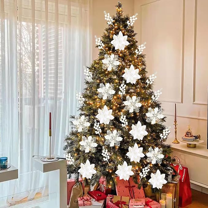 Sawowkuya 22 Pcs White Poinsettia Artificial Flowers & Glitter Berries Stems Kit, Christmas Poinsettias Decorations & Ornaments for Xmas Home Wedding Holiday Tree Decor
