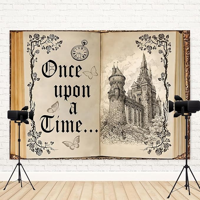 9x6ft Once Upon a Time Backdrop Fairy Tale Books Castle Princess Photography Background Once Upon a Time Birthday Baby Shower Decoration Storybook Wedding Party Banner