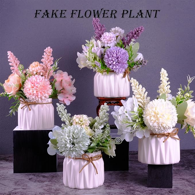 Artificial Potted Flowers, Small Ceramic Vase Fake Flower Plants Desktop Decoration Indoor for Home and Office, Faux Flowers Hydrangea Decora for Table,Bookshelf,Bedroom,Living Room,Party.(Purple)