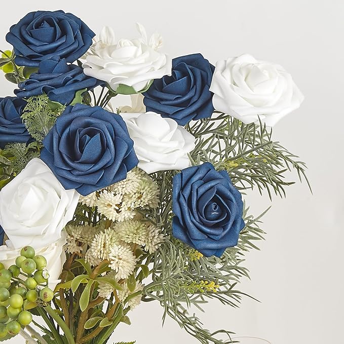 Artificial Flowers, 50pcs Blue and White Fake Flower for DIY Wedding Bouquets Centerpieces Arrangements, Artificial Rose with Stem for Party Home Decorations
