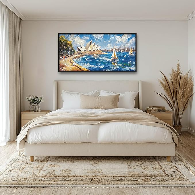 Sydney Opera House Large Wall Art Beach Boat Pictures Wall Decor Coastal Canvas Seascape Print Painting Modern Artwork Home Decoration for Living Room Bathroom Bedroom Office Framed 60"x30"