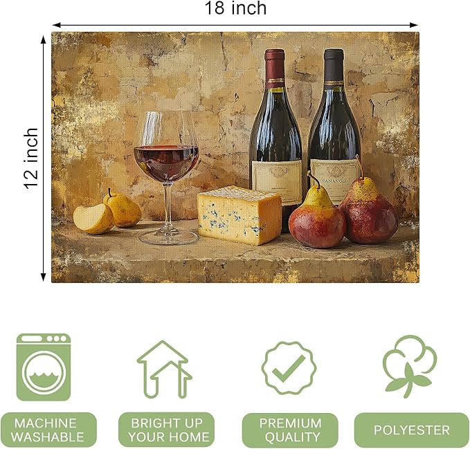 Retro Red Wine Placemats Set of 4 Washable Table Mats Vintage Mid Century Heat-Resistant Cotton Linen Place Mats for Dining Table Kitchen Indoor Outdoor Party Holiday Décor