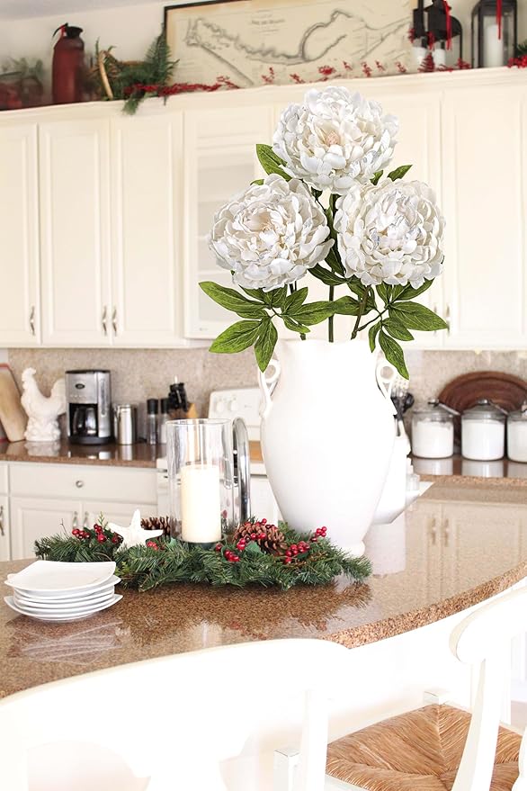 Briful 3PCS White Peony Artificial Flower Stems 29.1in Long Stem Fake Peonies Silk Floral Arrangement Real Touch Peony Flower for Christmas Home Vase Party Wedding Bouquet Decor