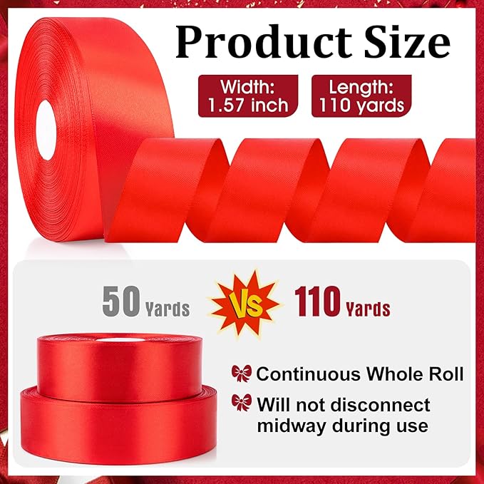 XSEINO 110 Yards Ribbon,1 1/2 Inch Red Satin Ribbon for Flower Bouquet, Gift Wrapping, Ribbons for Crafts, Hair Bows Making, Wedding Party Decoration, Sewing, Invitation Cards, Christmas, Wreath