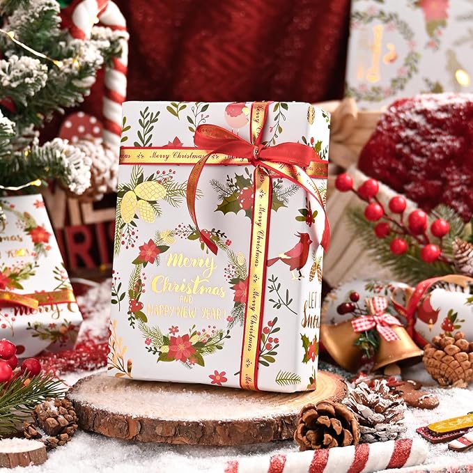 MAYPLUSS Christmas Wreath Wrapping Paper - 17Inch X 33Feet - Beautiful Holiday Wreaths, Vintage Holly Berry & Red Flower Festive Christmas Design Holiday Gift Wrap Paper for Winter Birthday, Wedding