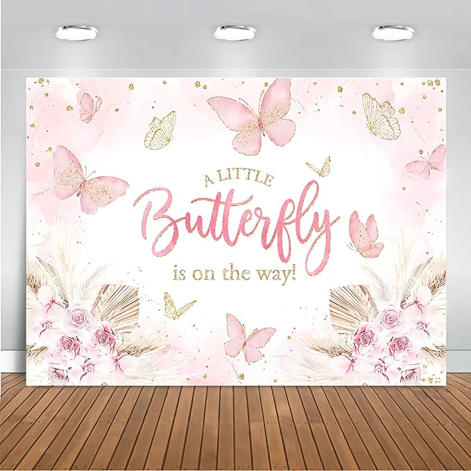 Mocsicka Butterfly Baby Shower Backdrop for Girl's A Little Butterfly is on The Way Pink Florals Flowers Photography Background Princess Girl Party Decoration Photography Props (8x6ft, Pink)