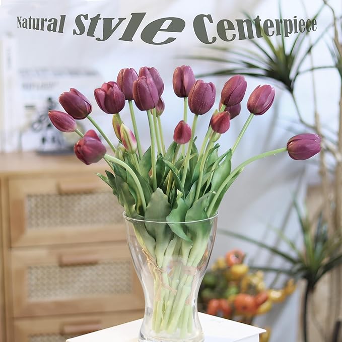 20pcs Artificial Tulip Flowers,16 Inch Real Touch Tulip Stems with Faux Leaves, Faux Tulips and Buds for Home Décor Centerpiece Ornament Wedding Bouquet,Deep Purple