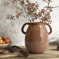 Antique Brown Ceramic Vase with Handles, Rustic Farmhouse Decor, 7 Inch Glazed Pottery Flower Vases for Home Decor, Handmade Decorative Vase for Flowers, Bouquet, Table, Kitchen, Living Room