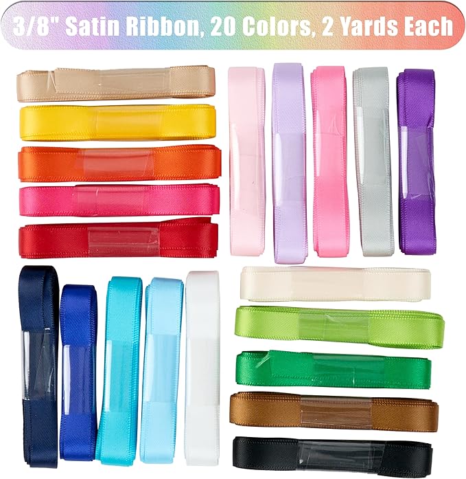 Satin Ribbon 3/8 Inch Assorted 20 Colors x 2 Yards Each Thin Colorful Craft Ribbon for Gift Wrapping, Hair Bows, Flower Bouquet, Wedding Decoration, Birthday Party 40 Yards Total