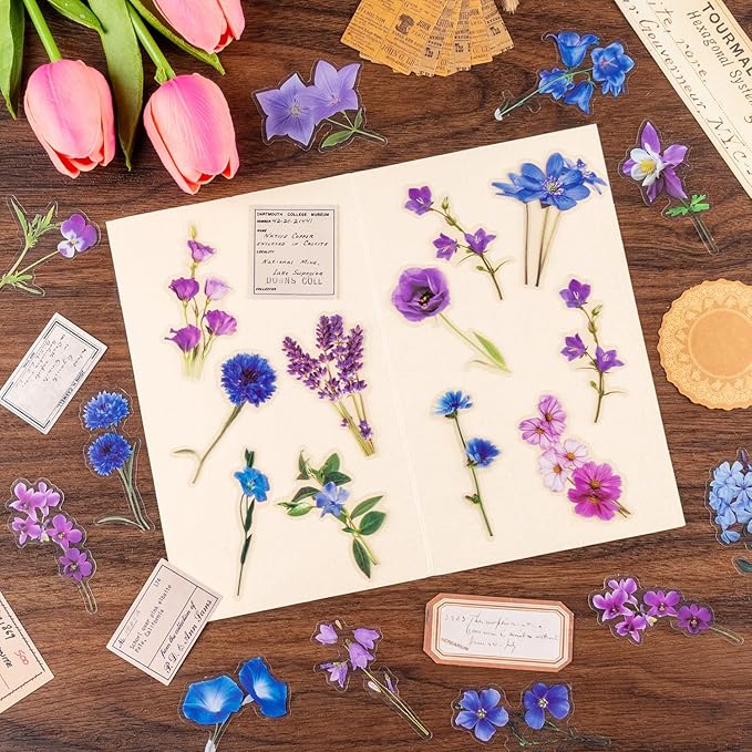 320Pcs Flower Stickers, Cute Vintage Floral Sticker for Kids, Clear Wildflower Stickers for Water Bottles, Scrapbooking, Card Making, Crafts, Laptop