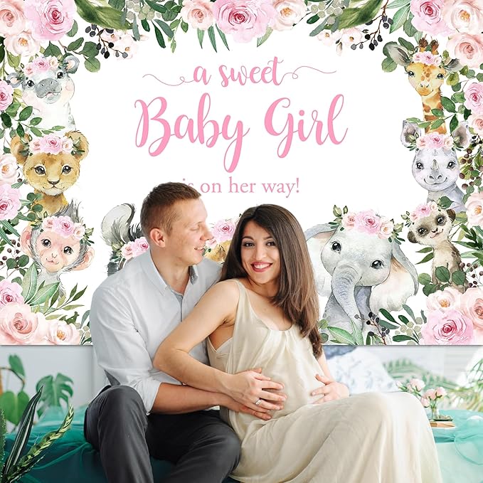 Mocsicka Girl Safari Baby Shower Backdrop Jungle Animals Sweet Baby Girl Background Pink Floral Greenery Baby Shower Party Cake Table Decoration Photo Booth Props (7x5ft)