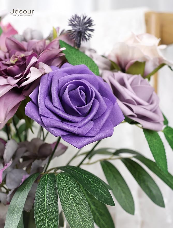 25pcs Artificial Flower，Real Looking Foam Roses w/Stem for DIY Wedding Bouquets Centerpieces Bridal Shower Party Decor-Shades of Series Purple