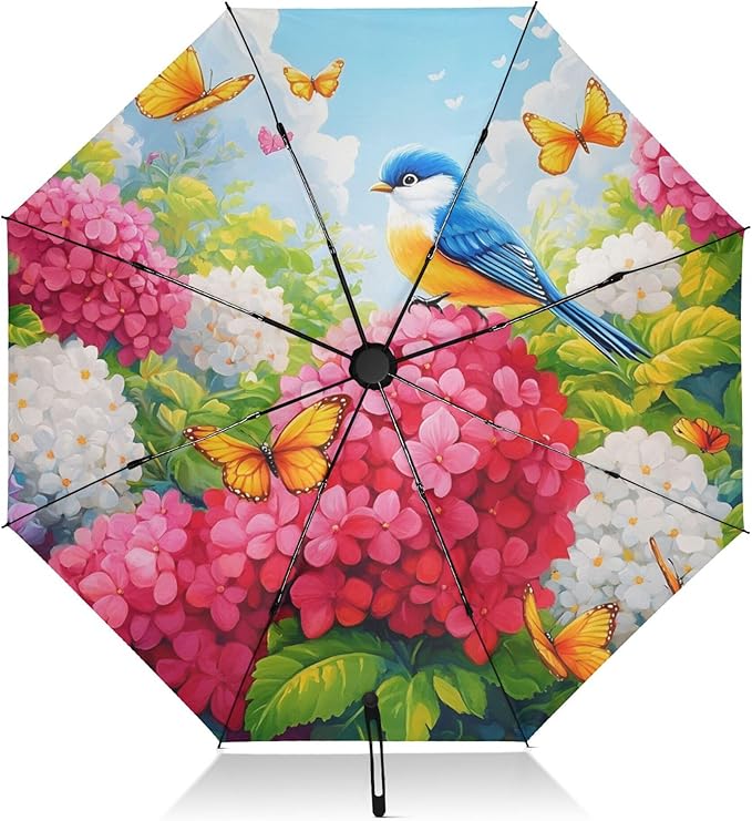 Automatic Folding Umbrella Windproof Strong, UV Protection Compact Floral Hydrangea Hummingbird Sun Rain Sun Rain Travel Umbrellas for Women Men