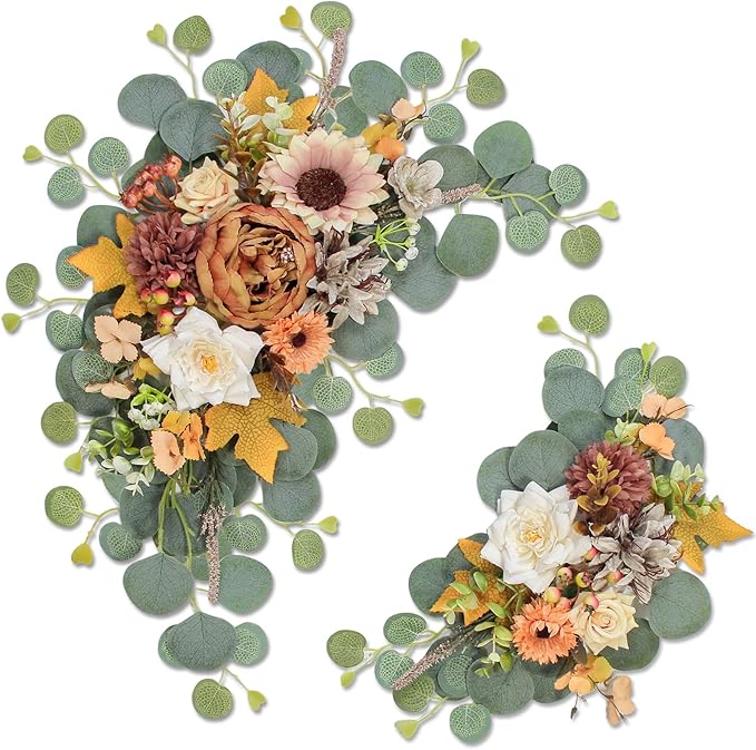Artificial Wedding Arch Flowers for Wedding Sign,Set of 2 for Wedding Welcome Ceremony Sign,Faux Floral Swags,Wedding, Banquet and Reception Backdrop Floral Decoration (Coffee Orange)