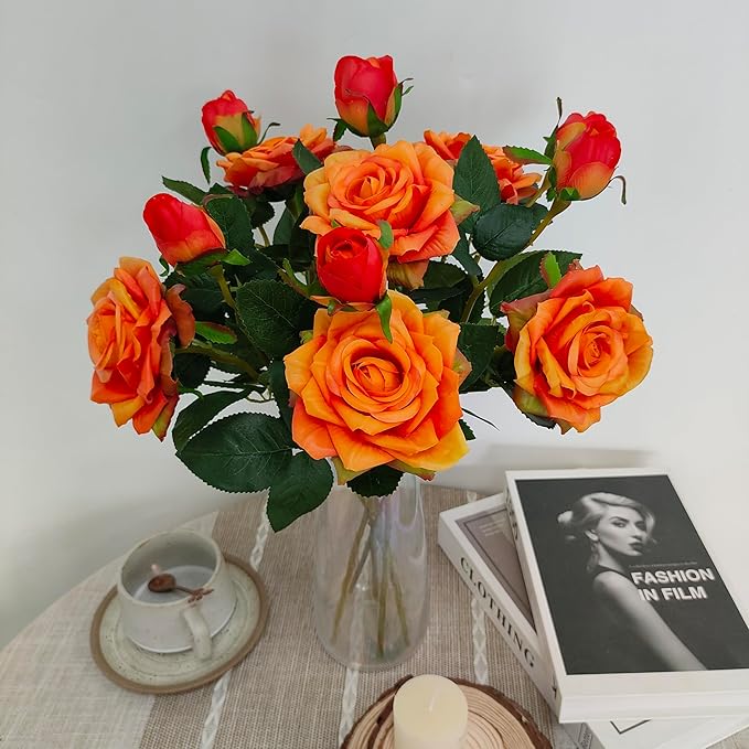 ATFL Fake Sunset Red Flowers, 6 Pcs Faux Silk Real Touch Moisturizing Artificial Rose Flowers for Wedding Decor,Flores Irosas Artificiales para Decoracion(6, Orange)