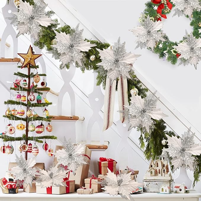10'' Large Christmas Glitter Poinsettia Flowers Decorations, stadeco 10 Pcs Christmas Tree Picks Ornaments Artificial Flowers with Long Stems for Xmas Tree Wreath Garland Wedding Party DIY Decor