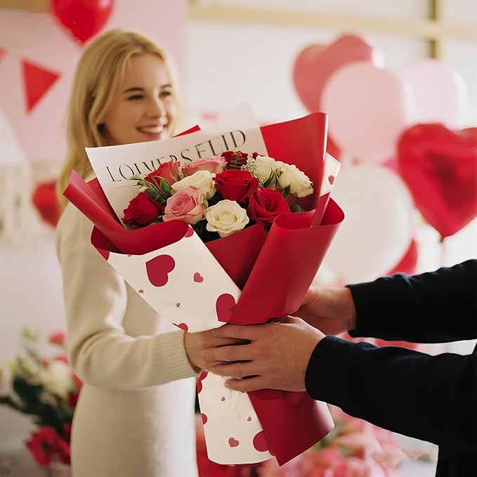 LeZakaa 20 Sheets Flower Wrapping Paper, Red Heart Design Waterproof Floral Bouquet Paper for Valentine's Day, Wedding, Anniversary Romantic Gift Packaging