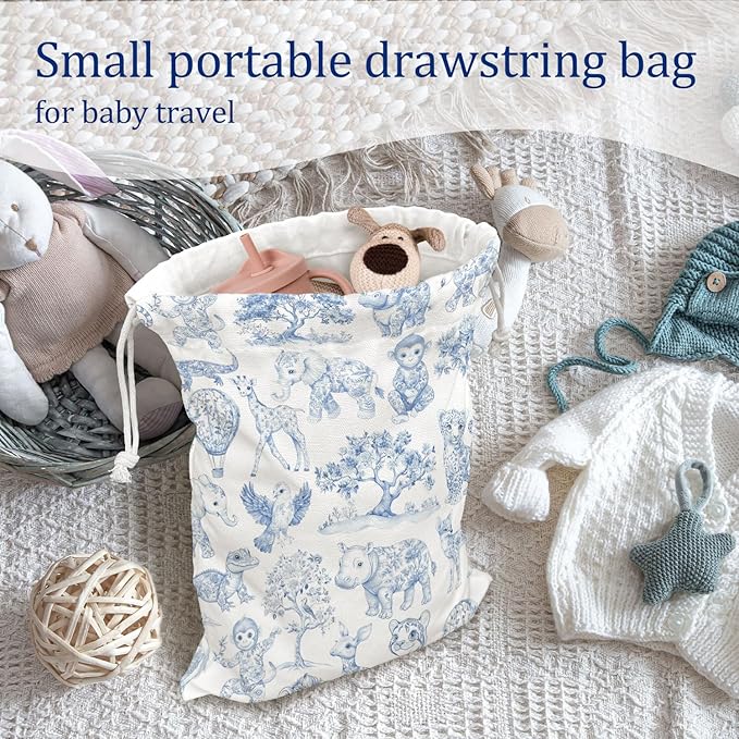 DSHFG Blue Birthday Drawstring Gift Wrap Bags, Safari Toile Chinoiserie Animals Baby Shower Drawstring Gift Bags Canvas, Blue and White Small Happy Birthday Bag, 10x13 Inch