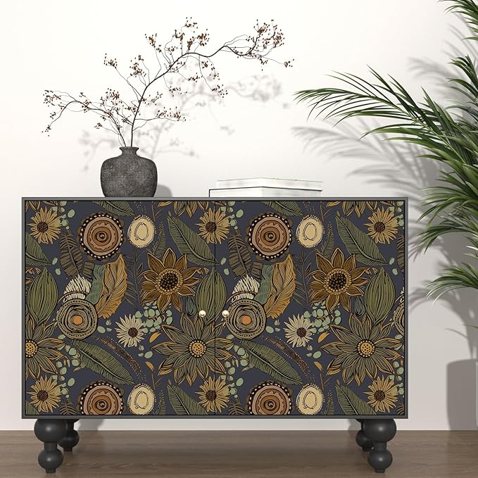 Boho Wallpaper Peel and Stick, Vintage Blue Yellow Floral Contact Paper, Botanical Flowers Antique Retro Wall Paper 17.5" x 118" Self Adhesive Removable Waterproof for Walls Shelves Cabinet Table