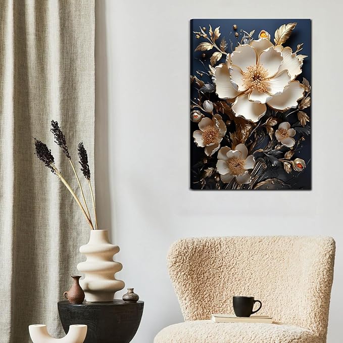 3D Abstract Flower Canvas Wall Art White Floral Texture Poster Prints Serene Blossoms Wall decor pictures for Bedroom and Bathroom Home Decorations Framed (12inx16in Canvas)