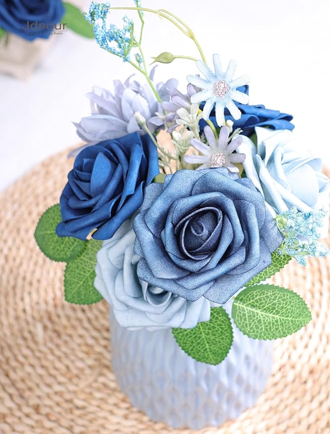 25pcs Artificial Flower，Real Looking Foam Roses w/Stem for DIY Wedding Bouquets Centerpieces Bridal Shower Party Decor-Shades of Navy Blue