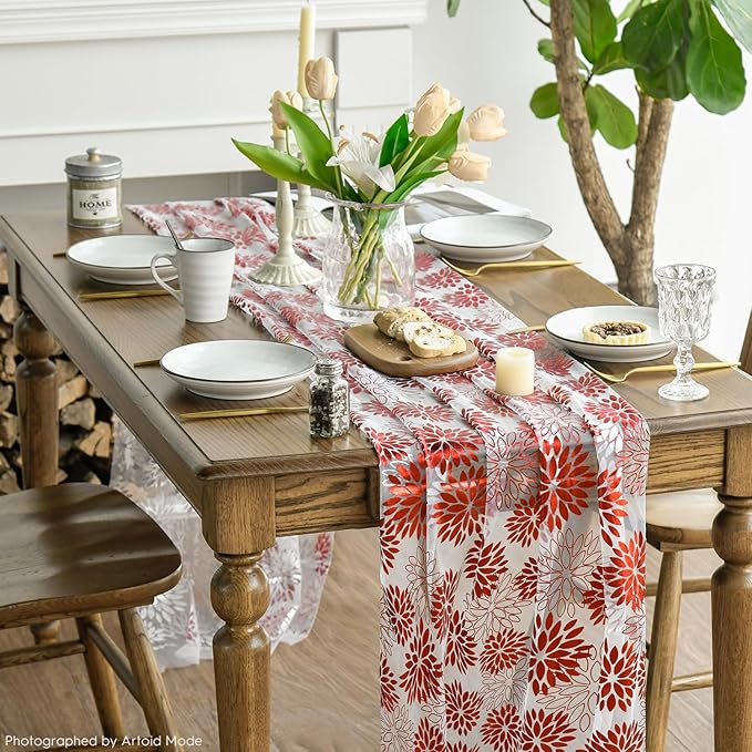 Artoid Mode 3PCS Beige Red Dahlia Flower Gauze Table Runner 120 Inch 10FT, Glitter Metallic Foil Seasonal Sheer Dining Holiday Table Decor for Home Party
