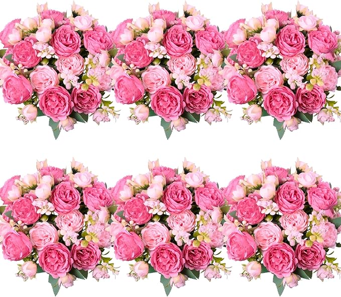 6 Pcs Peonies Artificial Flowers Bulk, Blush Pink Silk Peonies Fake Bouquet for Floral Centerpieces, Red Realistic Faux Peony Flower for Flower Arrangements Wedding Decoration vase