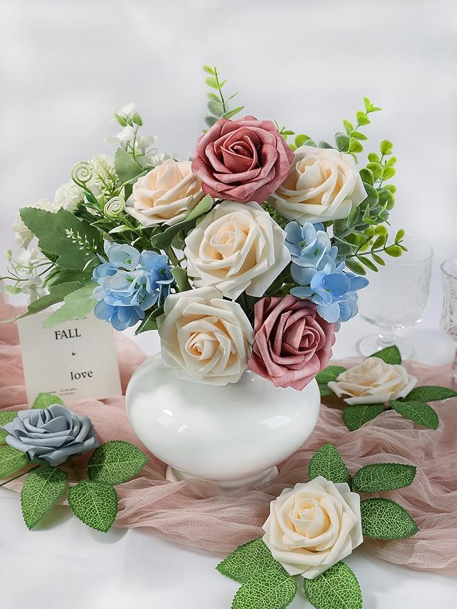 Meldel Artificial Flower Rose 50pcs Real Looking Champagne Fake Foam Roses with Stems for DIY Wedding Bouquets Gifts Bridal Shower Faux Floral Centerpieces Arrangements Home Party Tables Decorations