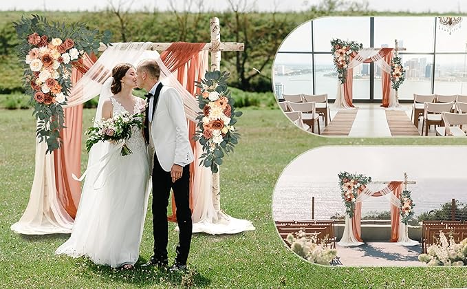 Ting's time Artificial Wedding Arch Flowers Kit(Pack of 4) - 2pcs Large Artificial Flower Swag with 2pcs Draping Fabric for Wedding Party Ceremony Decoration(Terracotta& Cream White)