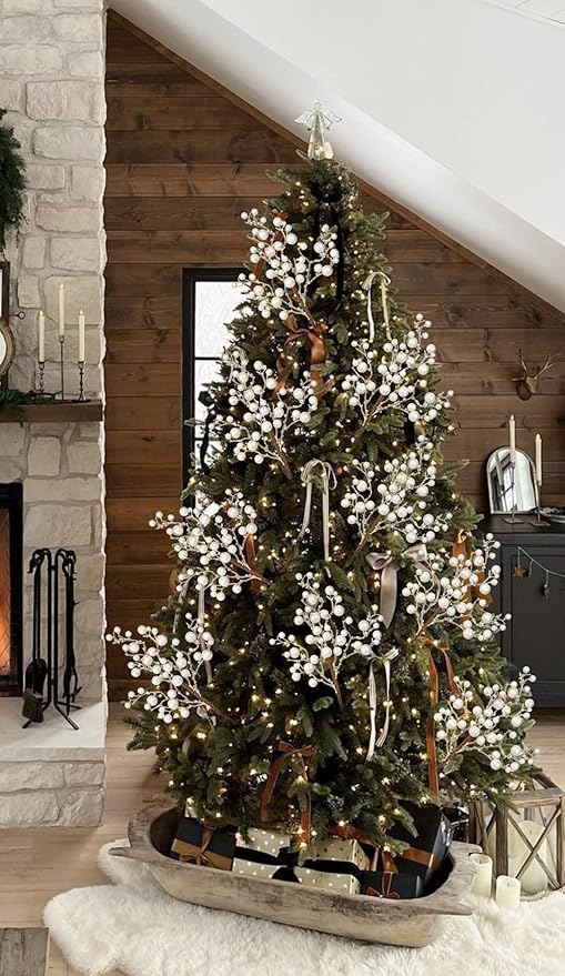 Hollyone 4 Pack Artificial Christmas Glitter Berries Stems, 19 Inch Fake White Holly Berry Picks with Ice Snow for Christmas Tree Wreath Floral Arrangements Holiday Home Vase DIY Crafts Decor