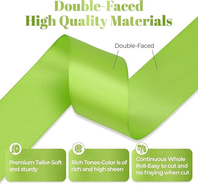 Apple Green Satin Ribbon, Double Faced 1-1/2 Inch X 25 Yards Apple Green Ribbon, Premium Satin Ribbon for Gift Wrapping, Crafts, Hair Bow Making, Sewing, Flower Bouquet, Wedding Party Decor