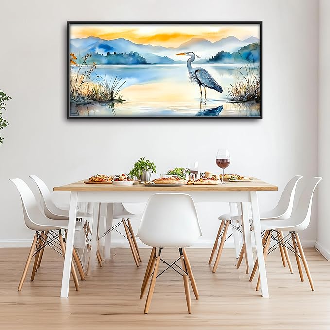 Heron Bird Large Decor Wall Art Mountain Landscape Framed Pictures for Living Room, Oversized Canvas Print Painting Modern Extra Large Framed Artwork for Bedroom Office Home Decor 60"x30"