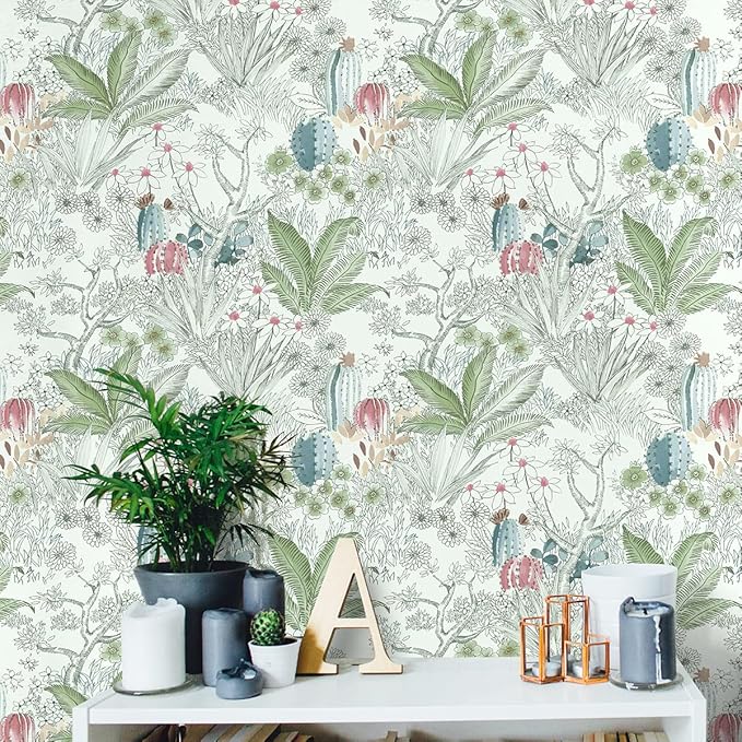Wudnaye Boho Peel and Stick Wallpaper Catus Wallpaper 17.7" x 118.1"Vintage Floral Wallpapers Peel and Stick Botanical Removable Wall Paper Boho Self Adhesive Contact Paper for Bathroom Cabinets