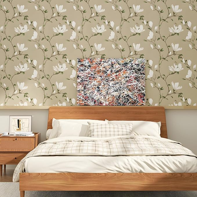Floral Wallpaper Peel and Stick 17.5in x 32.8ft Vintage Leaf Contact Paper Khaki Magnolia Branches Flower Vinyl Self Adhesive Waterproof Leaf Wall Paper for Bathroom Bedroom Walls Furniture Decor