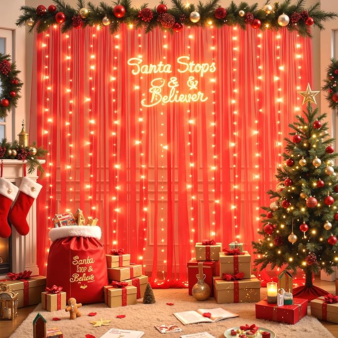 10ft x 8ft Red Tulle Photo Backdrop Curtain with Lights String for Christmas Party Red Sheer Curtain Backdrop Drapes for Birthday Party Wedding Holiday Photo Booth Background Home Room Decorations
