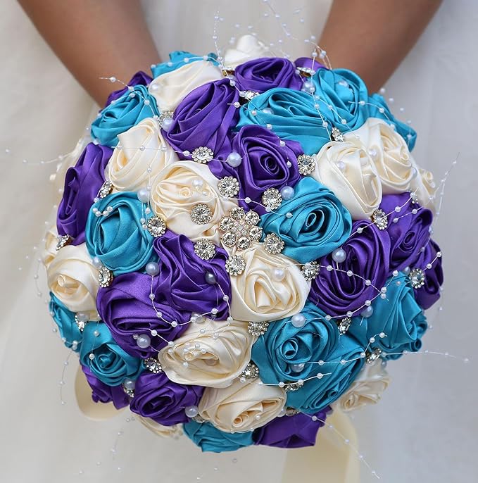 Bridal Wedding Bouquet Round Bling Brooch Bouquet Throw Toss Artificial Rose Flower Bunch for Bride Bridesmaid Wedding Quinceanera(Teal Blue, Purple & Cream, 8.7")