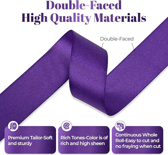 Purple Satin Ribbon, Double Faced 1 Inch X 50 Yards Purple Ribbon, Premium Satin Ribbon for Gift Wrapping, Crafts, Hair Bow Making, Sewing, Flower Bouquet, Wedding Party Decor