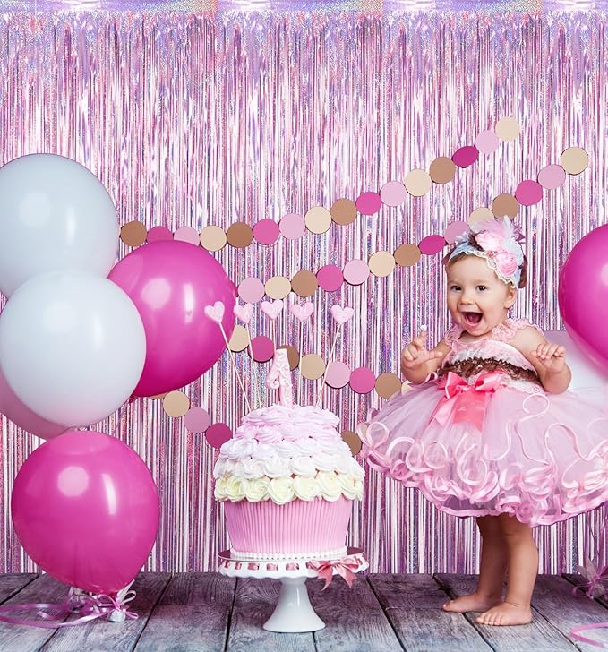 GOER 3.2 ft x 8.2 ft Metallic Tinsel Foil Fringe Curtains Party Photo Backdrop Party Streamers for Birthday,Graduation,New Year Eve Decorations Wedding Decor(3 Packs,Laser Pink)