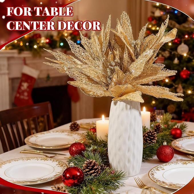 Yerliker 108 Pcs Gold Glitter Christmas Picks and Sprays, 12 Styles Artificial Christmas Floral Berry Branches Flowers Stems for Xmas Tree Ornaments Wreath Garland DIY Vase Holiday Party Decor