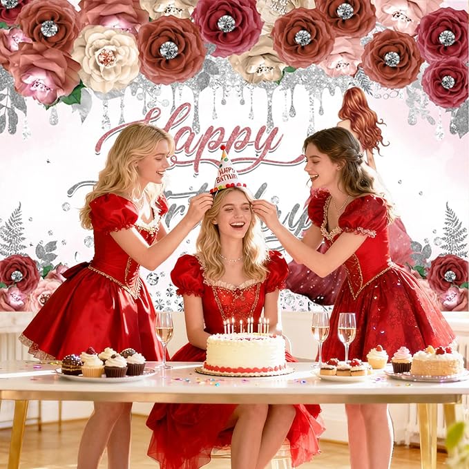 AOFOTO Happy Birthday Backdrop Red Beige Pink Rose Floral Diamond Print Photography Background for Women Girls Birthday Party Banner Home Wall Decor Photo Studio Booth Props 8x6ft