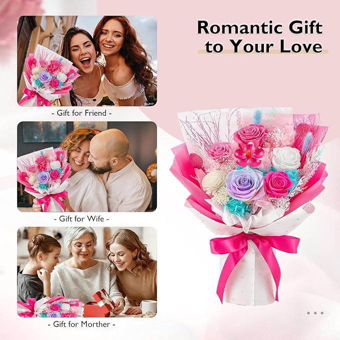 Eterfield Flowers for Delivery Prime, Forever Flowers Bouquet, Preserved Hotpink Roses Birthday Gifts for Her Women Wife Mom Grandma Graduation Valentine's Day Mother's Day