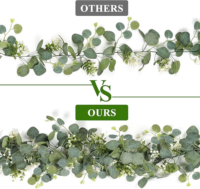 TOCHGREEN 2 PCS Artificial Eucalyptus Garland 5.9FT Faux Silver Dollar Greenery Garland Vines with White Flower Boxwood Fake Hanging Plants for Wedding Home Party Table Mantle Wall Decor