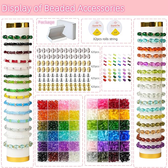 REVKI 1200pcs Glass Beads Bracelet Making Kit, 48 Colors Crystal Beads for Jewelry Making,Strange Shaped Glass Beads for Bracelets and DIY Crafts(Teardrop and Bamboo)